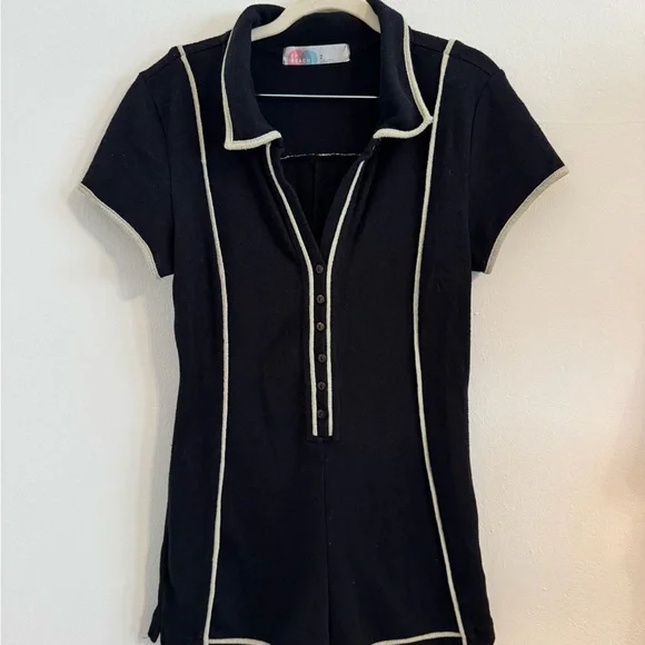 Black Button-Up Polo Romper - Picture 1 of 4